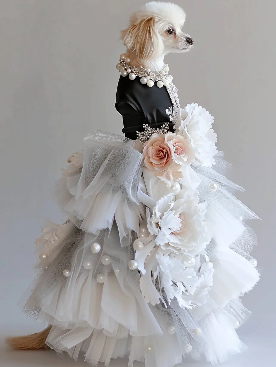 Small dog in profile wearing a black bodice and a long white tulle gown with flowers