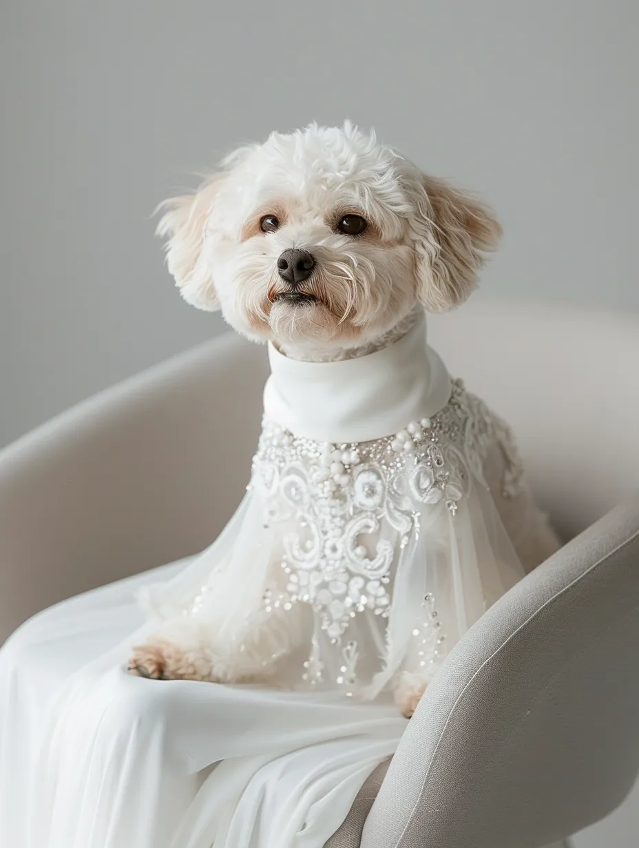 White dog sitting in a chair wearing a white gown with a beaded lace bodice