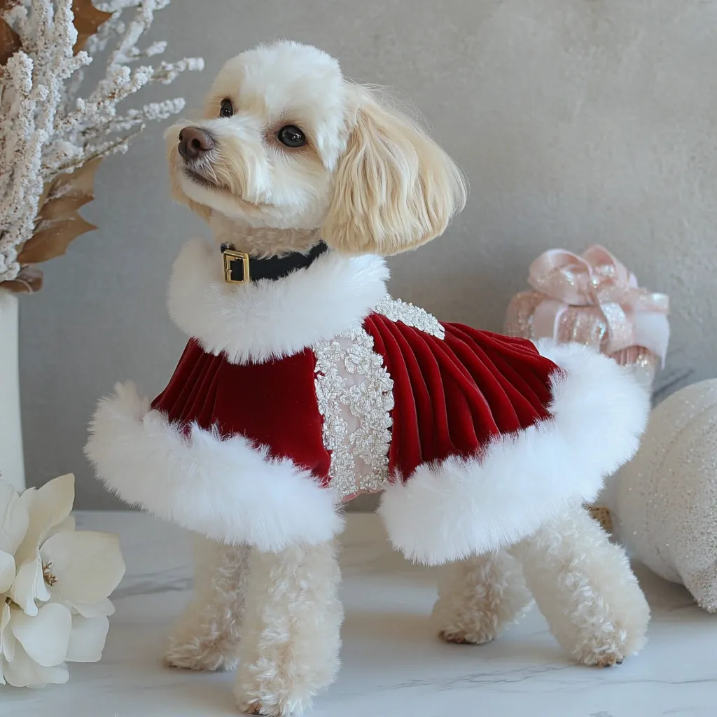 Cream poodle mix in a red velvet cape with a lace panel and white fur trim
