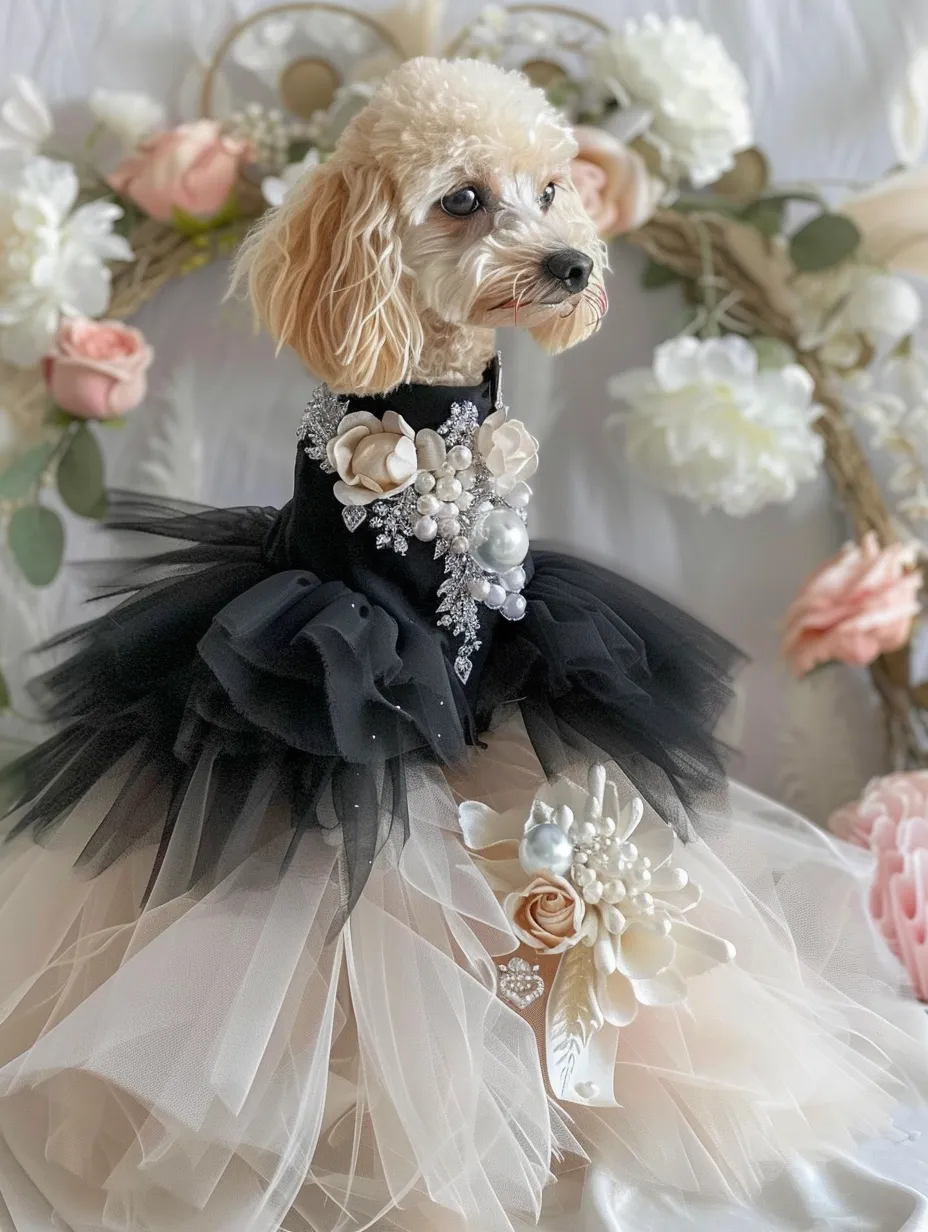Cream poodle in a black and cream tulle gown with a pearl and flower corsage