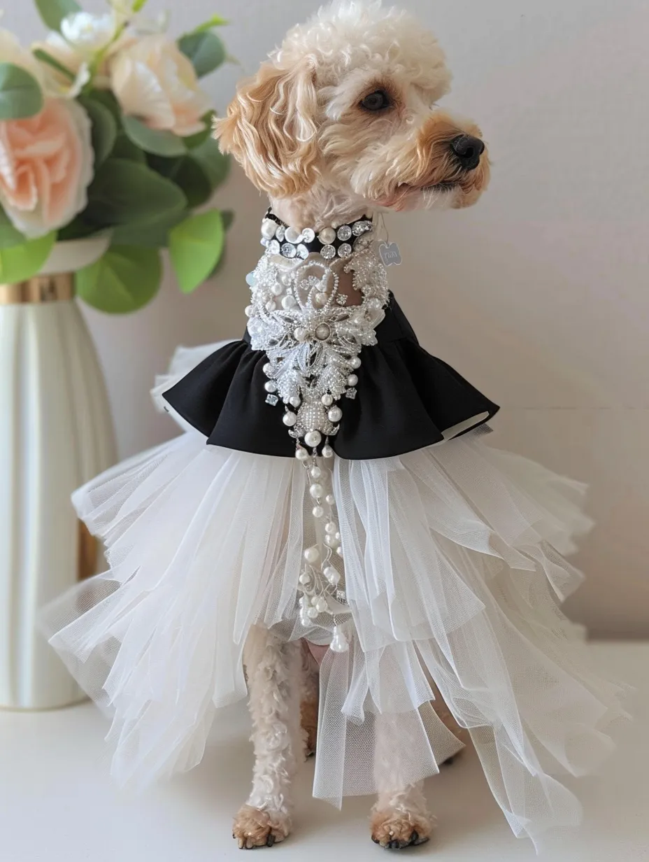 Cream poodle in a black peplum top with pearls and a white tulle skirt
