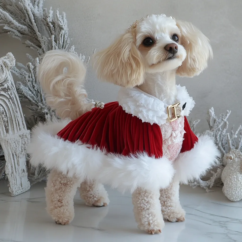 Cream poodle mix standing in a pleated red velvet cape with white fur trim