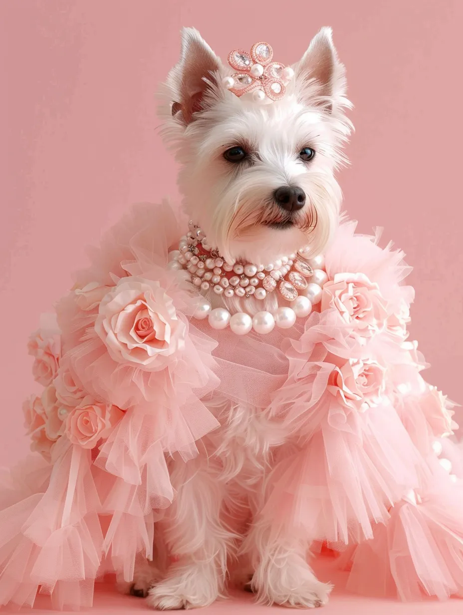 White terrier in a blush pink tulle gown with fabric roses and a pearl collar