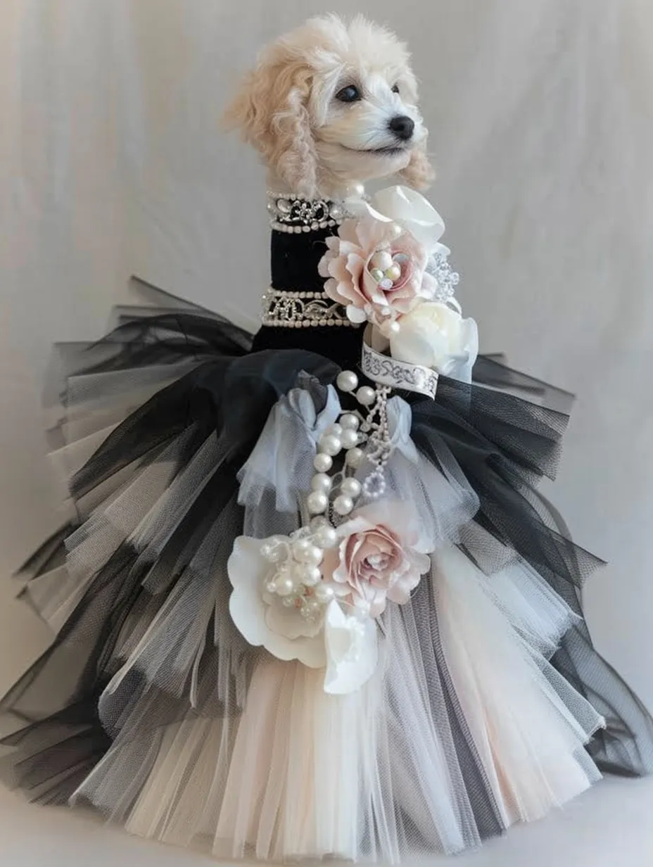 Cream poodle in a gown of black, grey and blush tulle with flowers and pearls