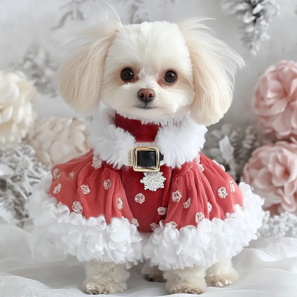 White dog with long ears in a red dress with a white ruffled hem and a snowflake brooch