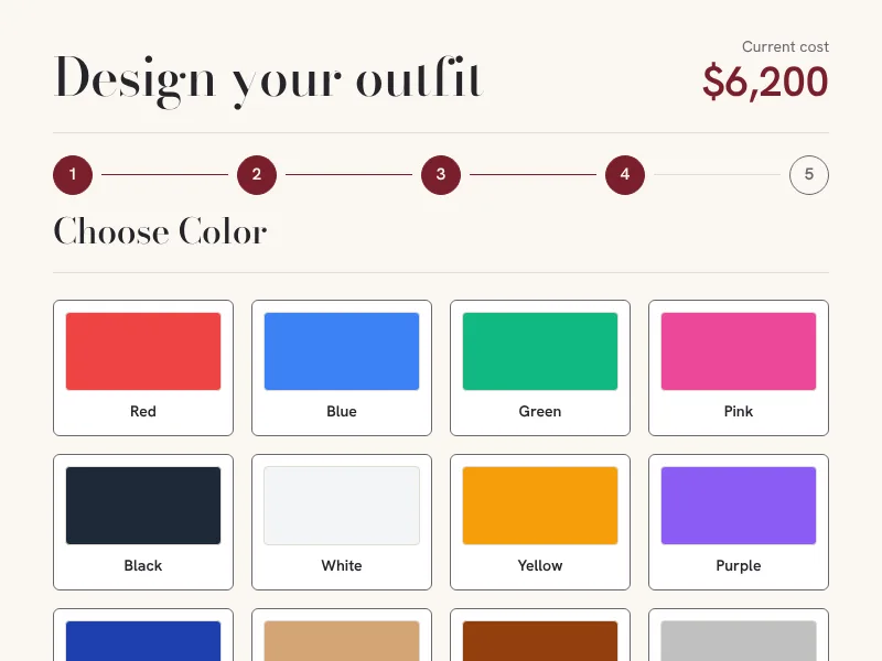 Design tool screen: set fabric, colour and details