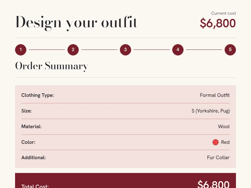 Design tool screen: choose a size and order