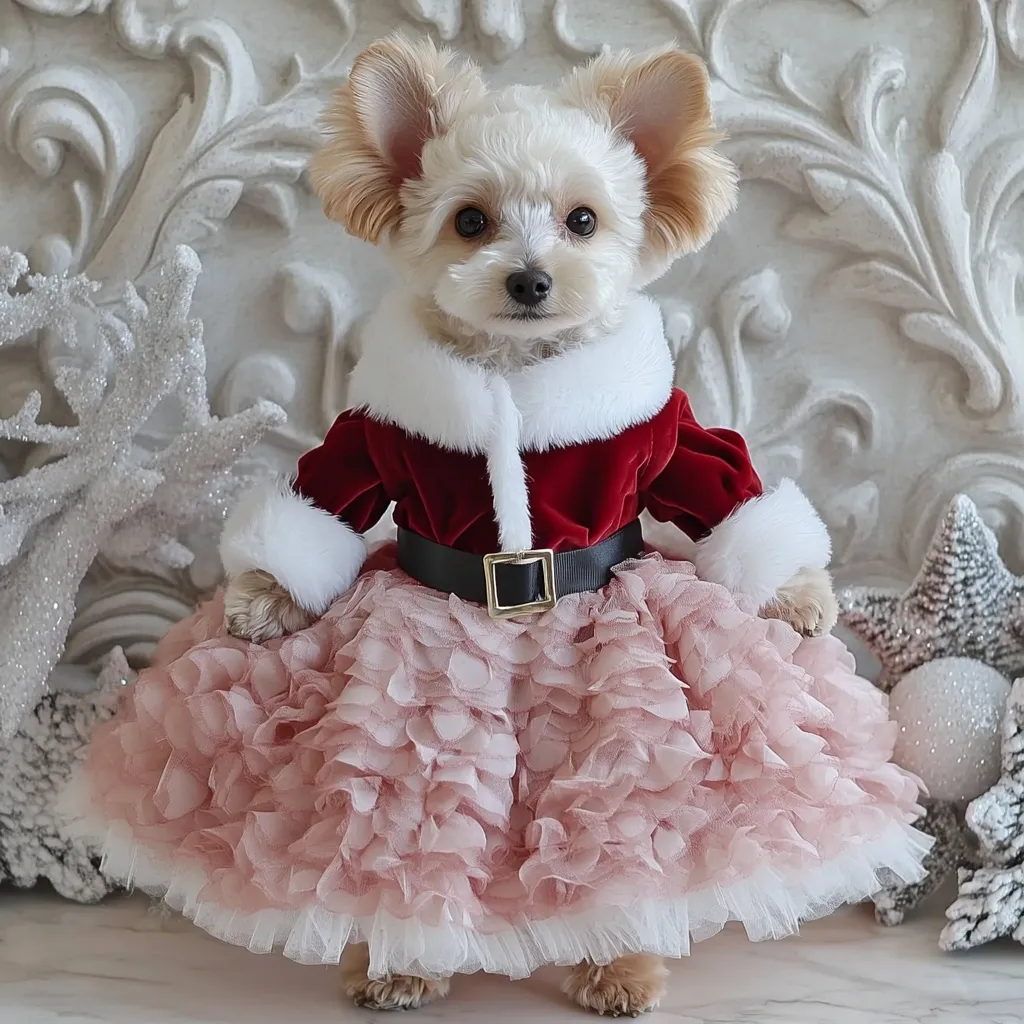 Small dog facing the camera in a red velvet jacket and a blush pink ruffle skirt