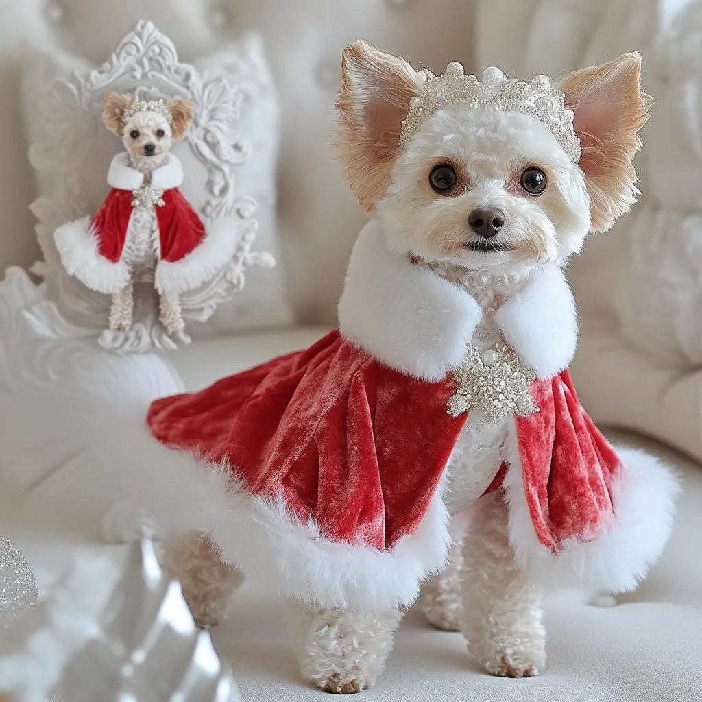 Small dog in a red velvet cape with white fur trim and a pearl tiara